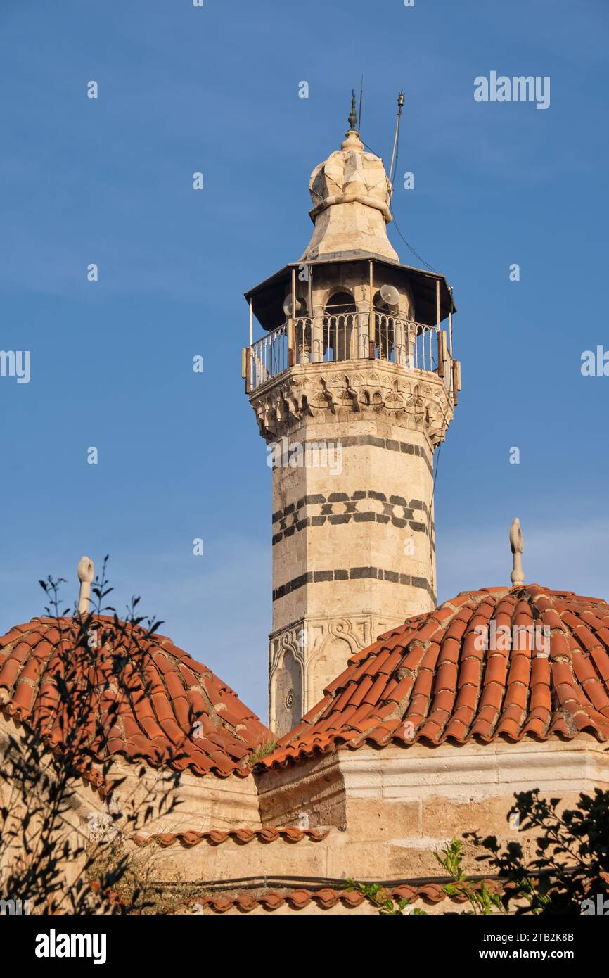 Minarete y cúpulas de azulejos de la Gran Mezquita de Adana (Ulu Cami), Adana, Turquía Foto de stock