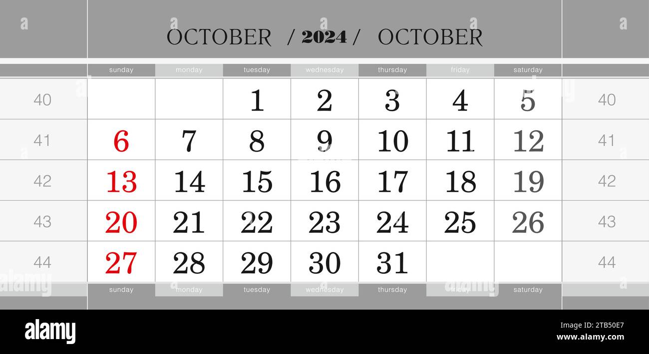 Bloque de calendario trimestral de octubre de 2024. Calendario de pared