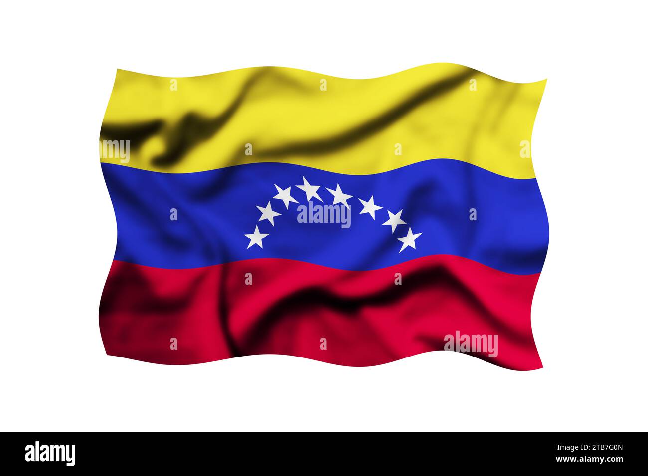 Ondeando la bandera de Venezuela aislada en blanco, 3d rendering. Trazado de recorte incluido Foto de stock