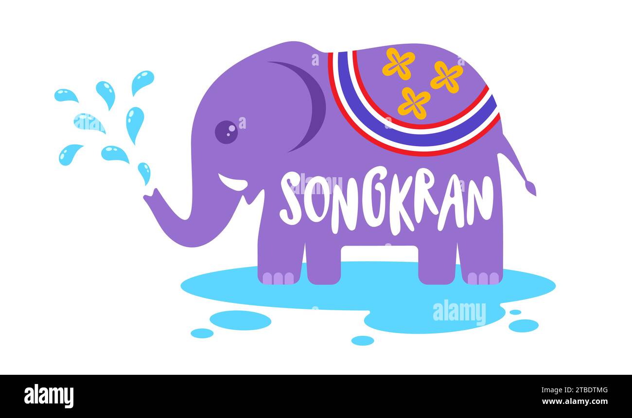 Logotipo del vector para el festival de Songkran en Tailandia con el elefante en fondo aislado en estilo kawaii. Emblema para el festival del agua de Songkran. Ilustración del Vector