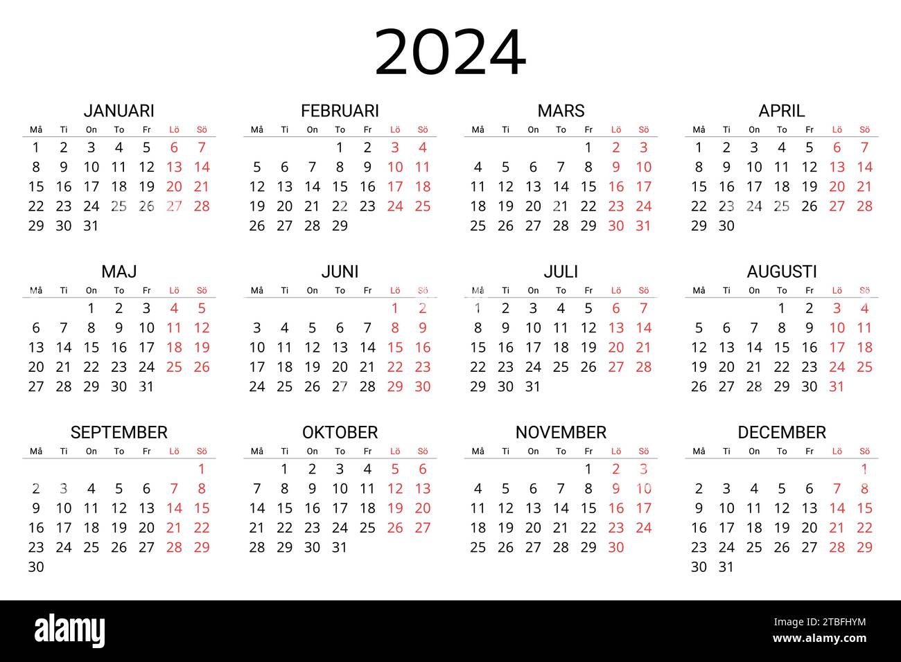 calendario sueco 2024. Imprimible, editable ilustración vectorial para