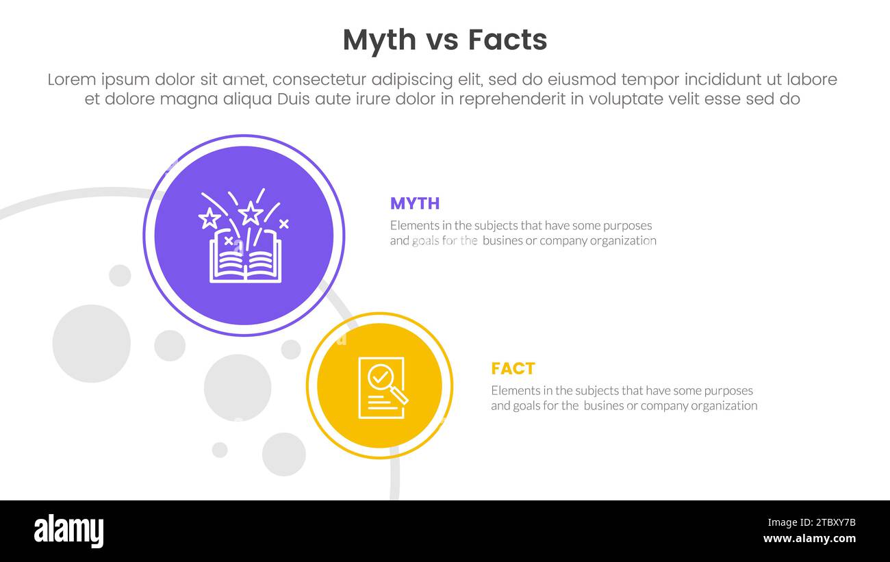 comparación de hecho vs mito o versus concepto para banner de plantilla infográfica con círculo grande y pequeño en la columna izquierda con información de lista de dos puntos vec Foto de stock