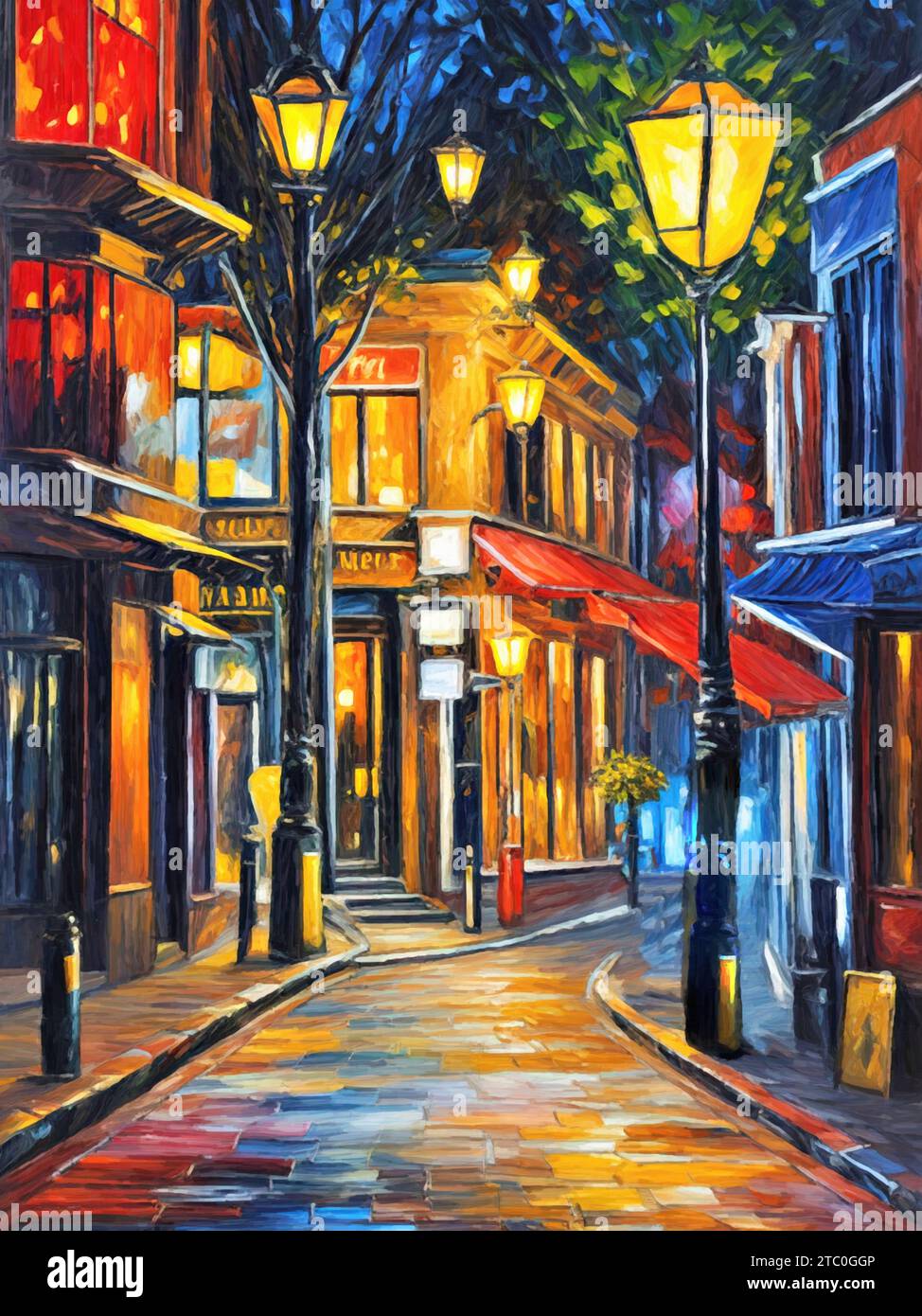 La vibración iluminada: La sinfonía de las calles de la ciudad por la pintura nocturna (óleo sobre lienzo). Foto de stock