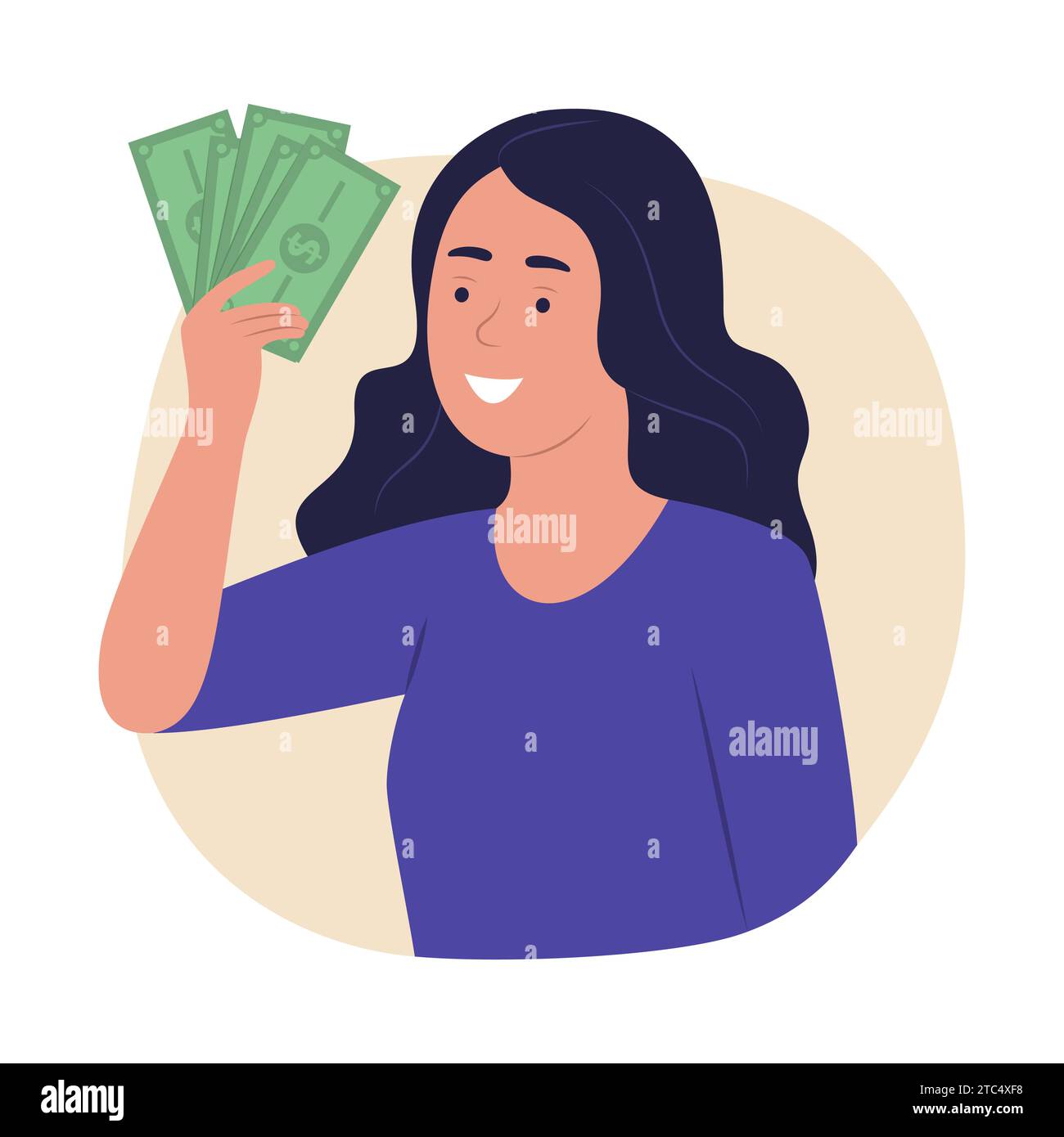 Mujer joven que gana el bono del dinero en efectivo para la ilustración del concepto financiero Ilustración del Vector