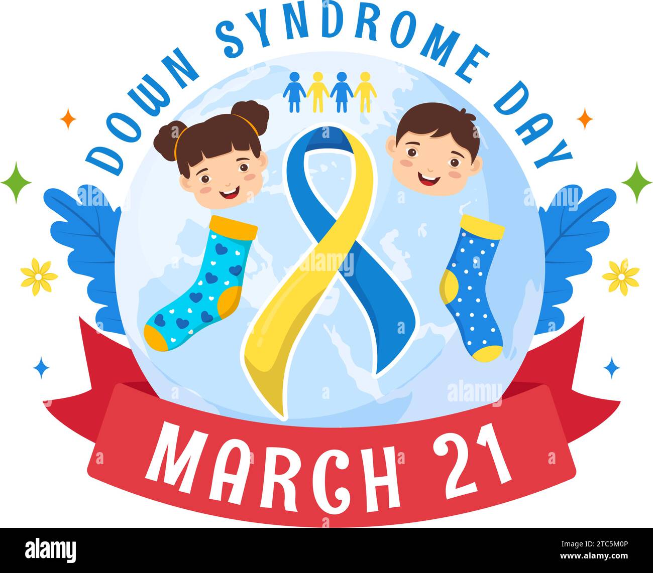 Ilustración vectorial del Día Mundial del Síndrome de Down el 21 de marzo con cinta azul y amarilla, mapa de la Tierra, calcetines sin pareja y niños en fondo plano de dibujos animados Ilustración del Vector