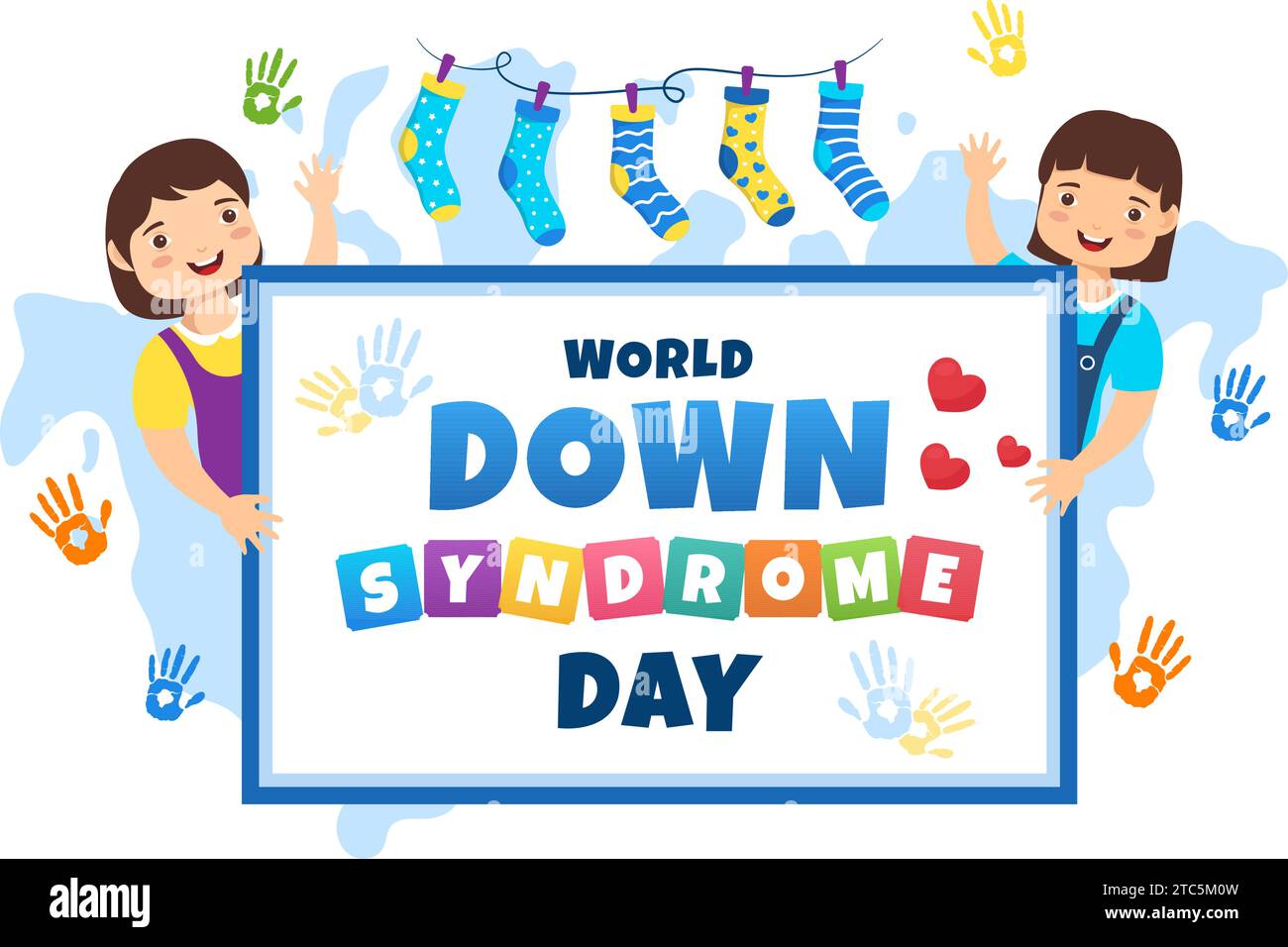 Ilustración vectorial del Día Mundial del Síndrome de Down el 21 de marzo con cinta azul y amarilla, mapa de la Tierra, calcetines sin pareja y niños en fondo plano de dibujos animados Ilustración del Vector