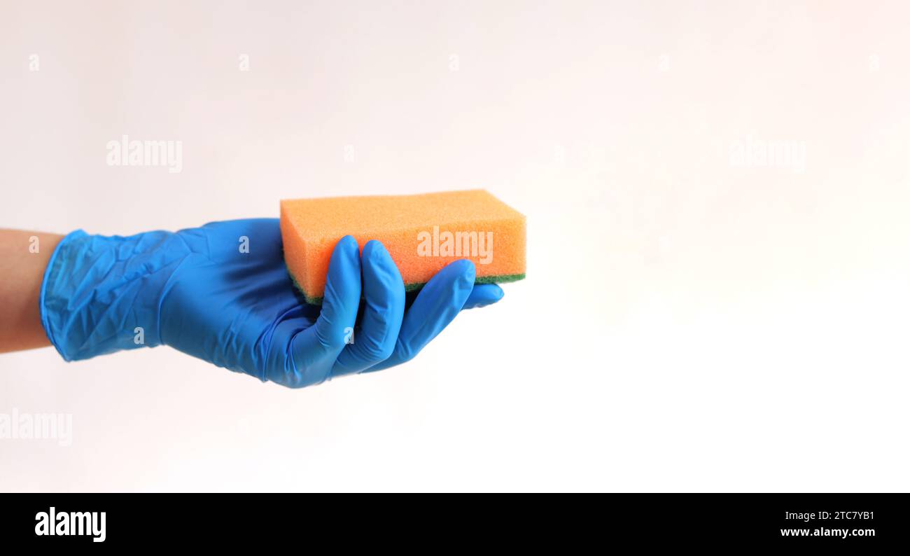 Esponja de lavavajillas naranja en la mano de una mujer sobre un fondo gris. Una mano en un guante azul de látex sostiene una esponja para la limpieza húmeda. Limpieza profesional. Foto de stock