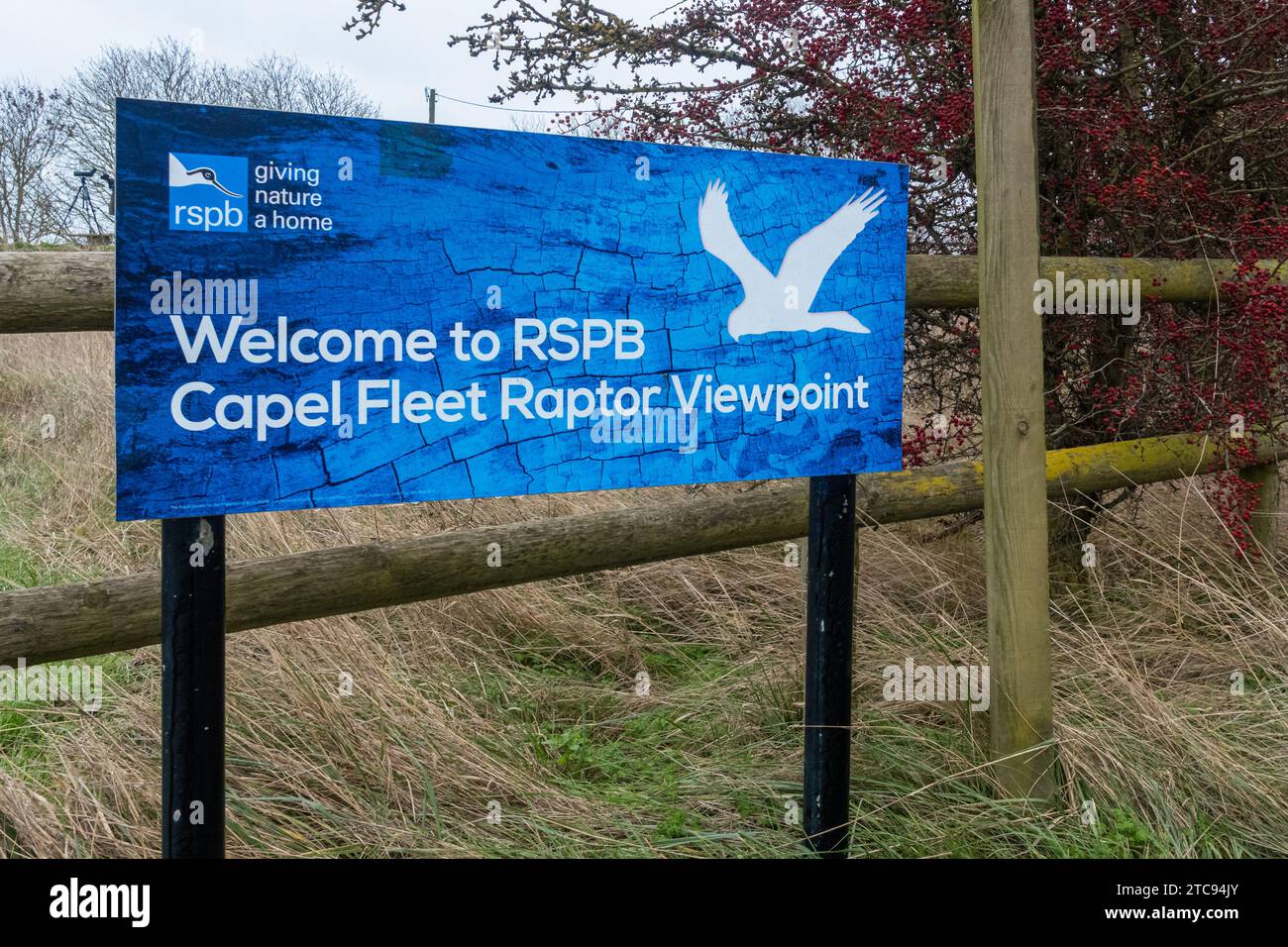 RSPB Capel Fleet Raptor Viewpoint, Isla de Sheppey, Kent, Inglaterra, Reino Unido. Tablero de información o signo Foto de stock