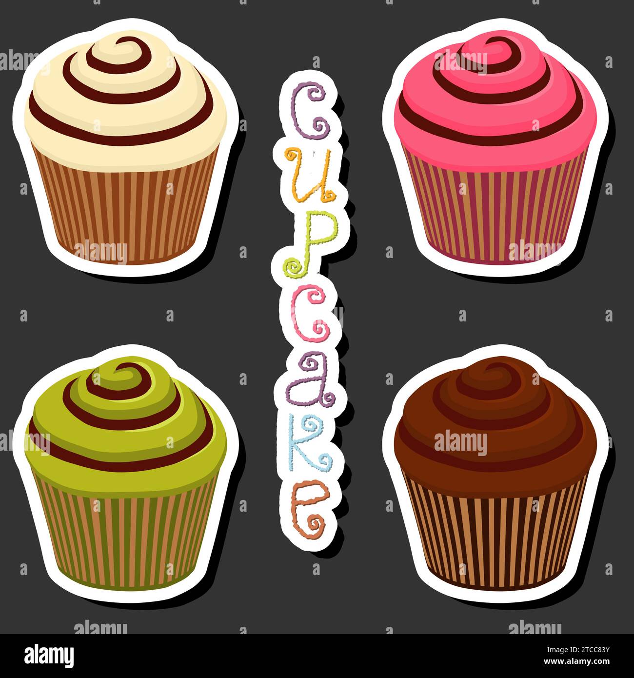 Ilustración sobre el tema gran conjunto de diferentes tipos de postre cupcake de bayas dulces, cupcake que consiste en crema batida de confitería, sabrosos cupcakes cubiertos i Ilustración del Vector