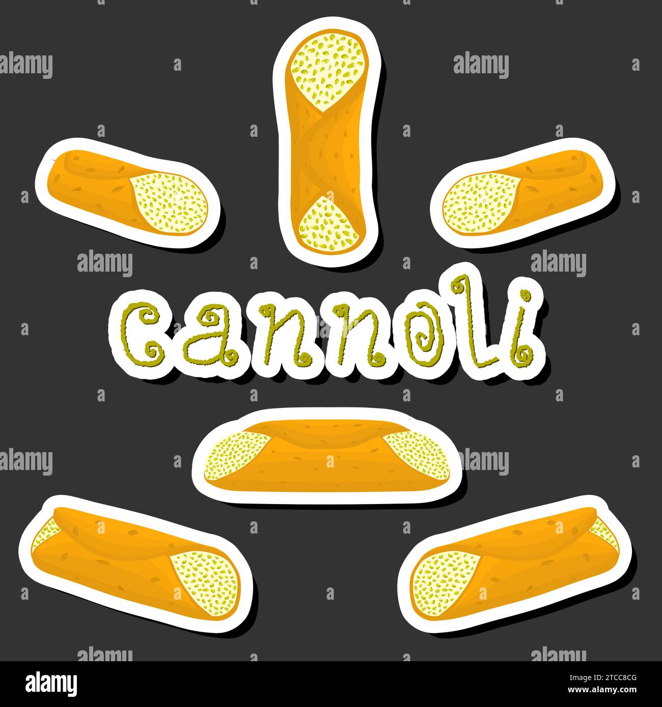 Ilustración sobre el tema gran conjunto diferentes tipos de gofres dulces cannoli de postre siciliano, waffle crujiente paja llena de queso ricotta, oblea cannolo wi Ilustración del Vector