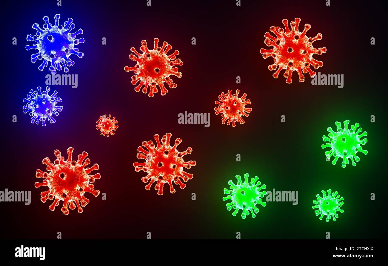 Imagen de la célula del virus COVID-19 de la gripe bajo el microscopio en la sangre.Fondo de la gripe del brote de coronavirus COVID-19.Riesgo médico pandémico para la salud Foto de stock