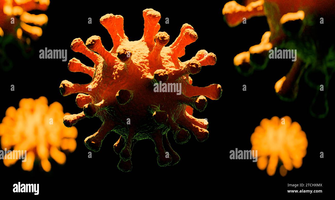 Imagen de la célula del virus COVID-19 de la gripe bajo el microscopio en la sangre.Fondo de la gripe del brote de coronavirus COVID-19.Riesgo médico pandémico para la salud Foto de stock