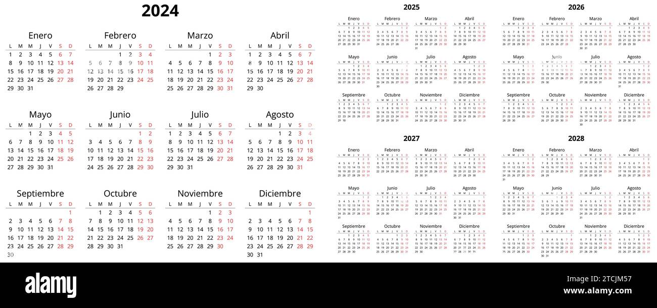 2024, 2025, 2026, 2027, 2028 calendarios verticales en español