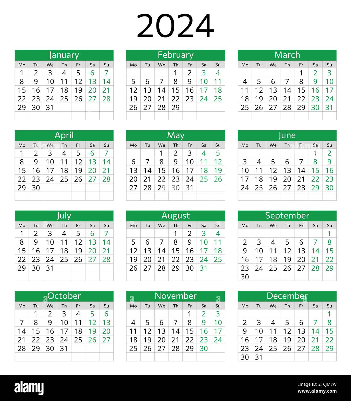 Calendario anual de 2024 en INGLÉS. Ilustración vectorial imprimible