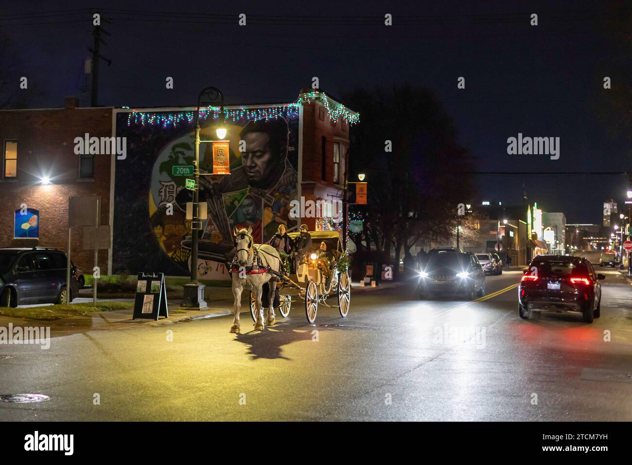 Detroit, Michigan - El Southwest Detroit Holiday Fest, en el barrio mexicano-americano de la ciudad. Los paseos en carruajes tirados por caballos fueron una de las actividades Foto de stock