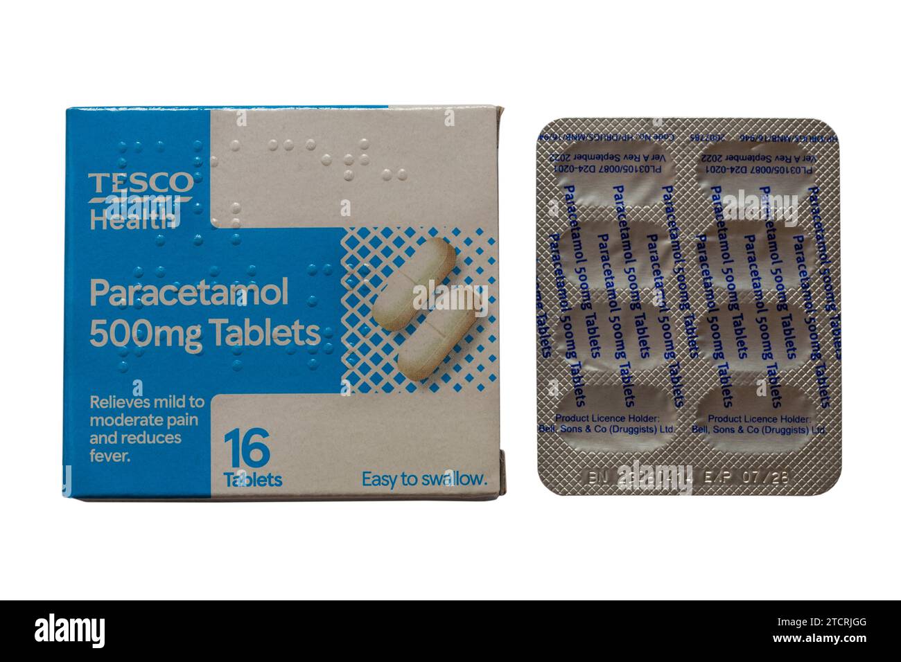 Paquete de Tesco Health Paracetamol 500 mg comprimidos con blister pack retirado aislado sobre fondo blanco Foto de stock