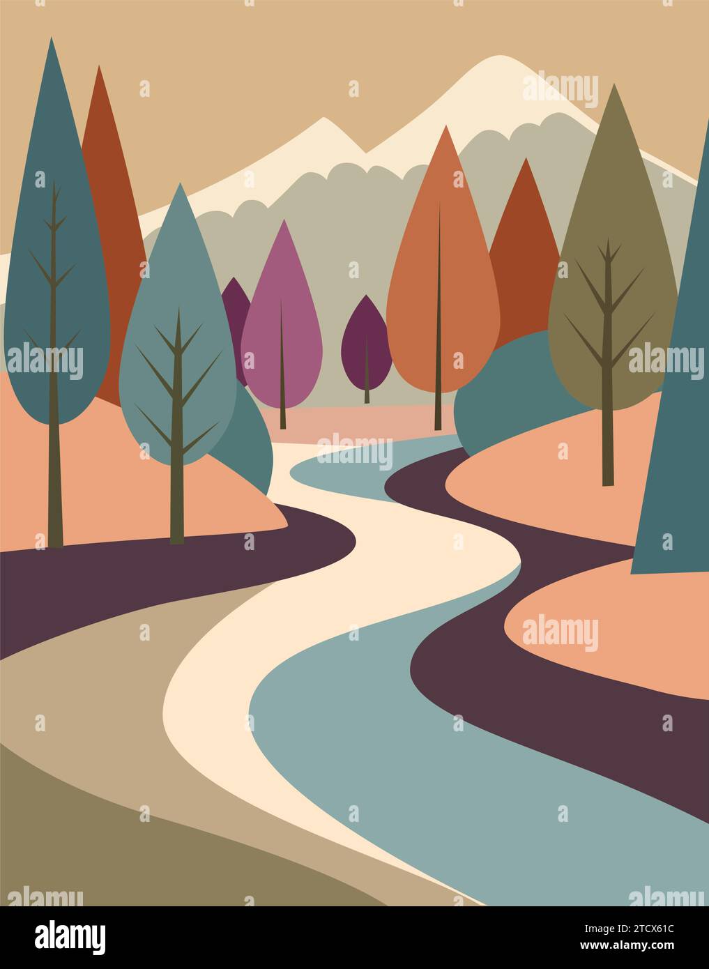 PAISAJE DE BOSQUE DE OTOÑO, MONTAÑA EN EL FONDO, ÁRBOLES EN COLORES DE OTOÑO Ilustración del Vector