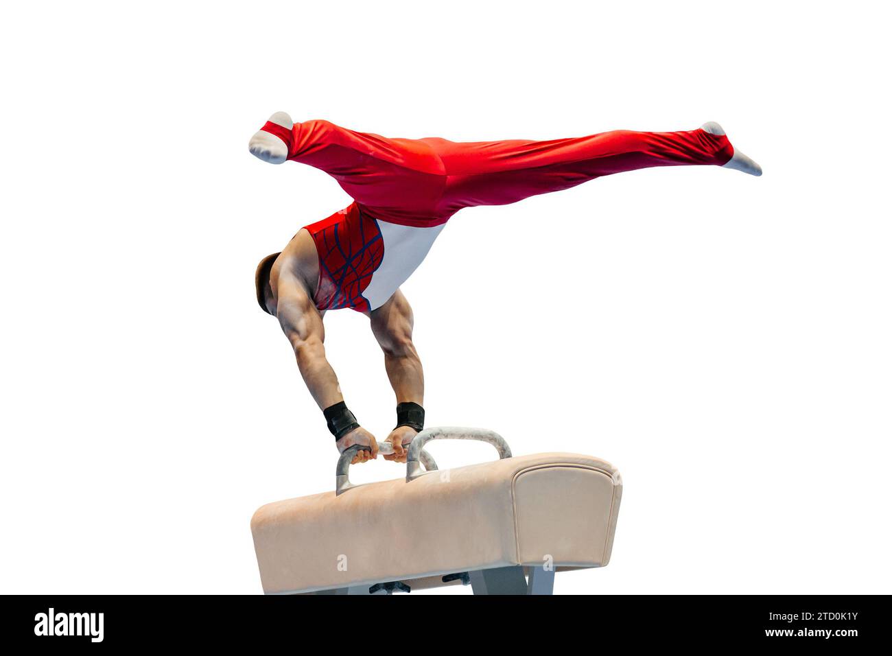 gimnasta masculino que realiza en la competencia de caballo de pomo gimnasia artística aislada sobre fondo blanco Foto de stock