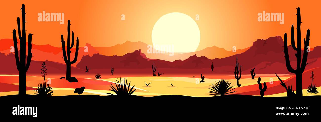 Puesta de sol en el desierto mexicano. Siluetas de piedras, cactus y plantas. Paisaje desértico con cactus. El desierto pedregoso. Ilustración del Vector