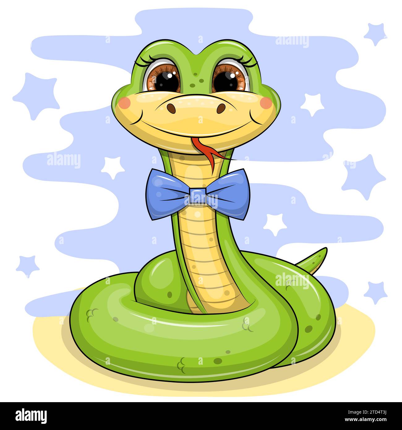 Linda serpiente verde de dibujos animados con una corbata azul y gafas. Ilustración vectorial de animal sobre un fondo azul. Ilustración del Vector