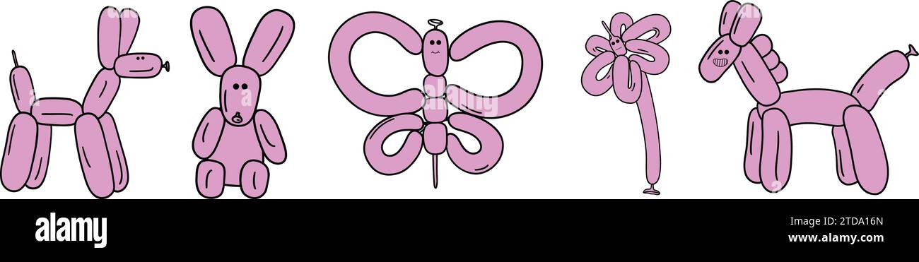 Colección de animales de globo y pegatina de burbujas. Perro flor de mariposa conejito caniche en trendy.clip, tatuaje, rosa, juego, collage, niño, icono, simple. Ilustración del Vector