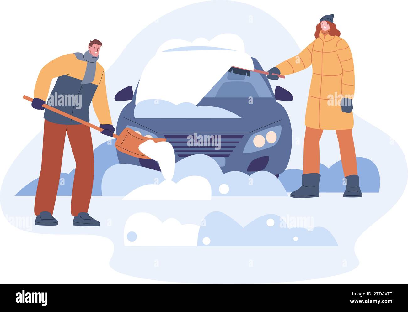 Coche limpio de la nieve después de la tormenta de nieve. Hombre y mujer de limpieza de automóviles, quitó la deriva de nieve estacional con cepillo y pala. Escena vectorial kicky de invierno Ilustración del Vector