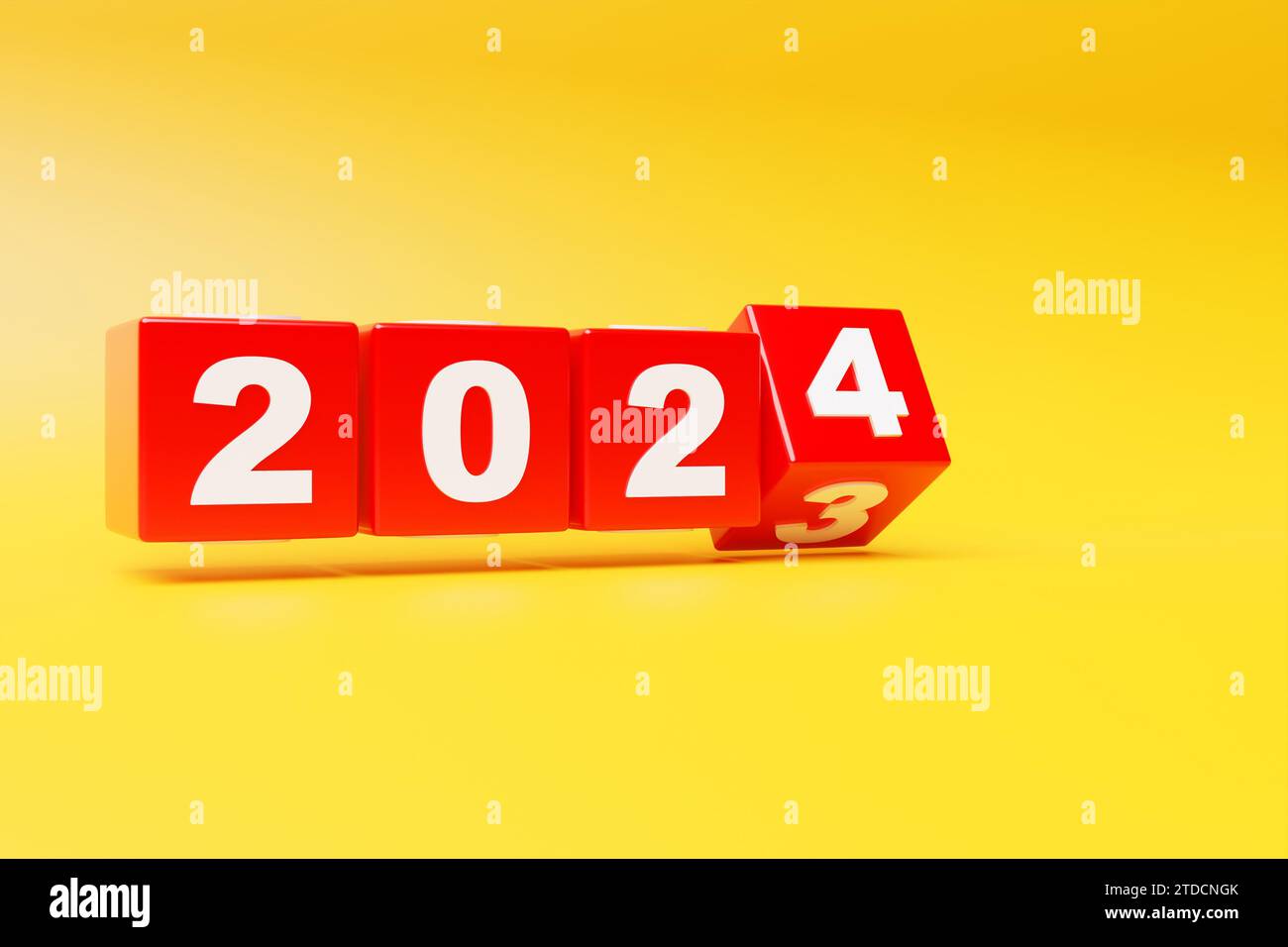 2024 tarjeta de año nuevo con número de año realista 3d sobre fondo amarillo. Ilustración 3D. Figuras volumétricas 2024 en un ángulo, espacio para texto para Nuevo Foto de stock