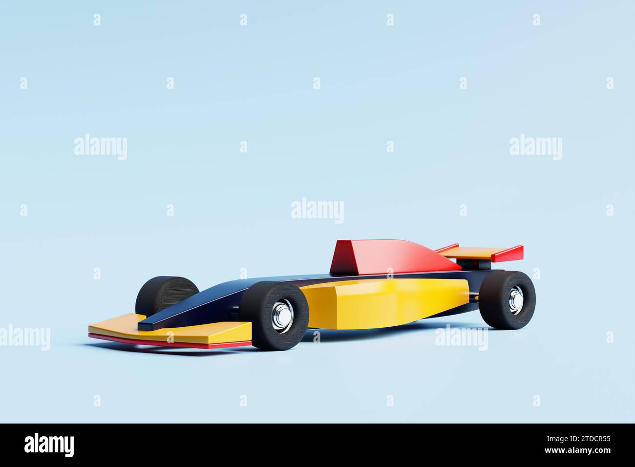 ilustración 3d de un coche colorido del juguete de carreras en el fondo aislado azul. Foto de stock