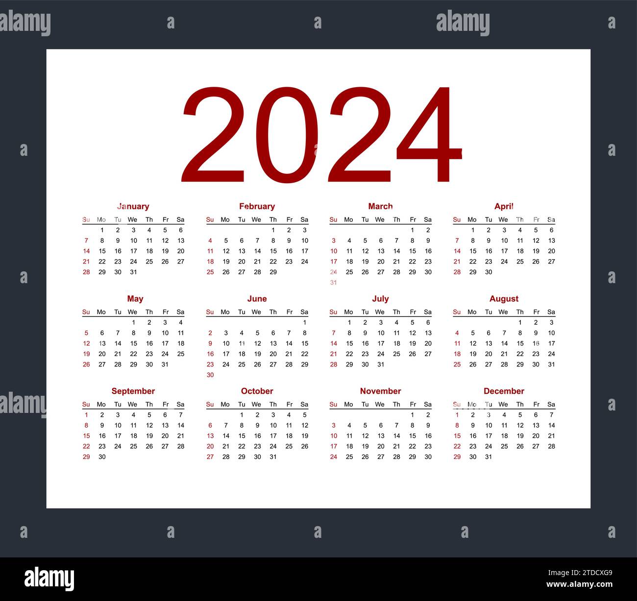 Plantilla de calendario para el año 2024. La semana comienza a partir