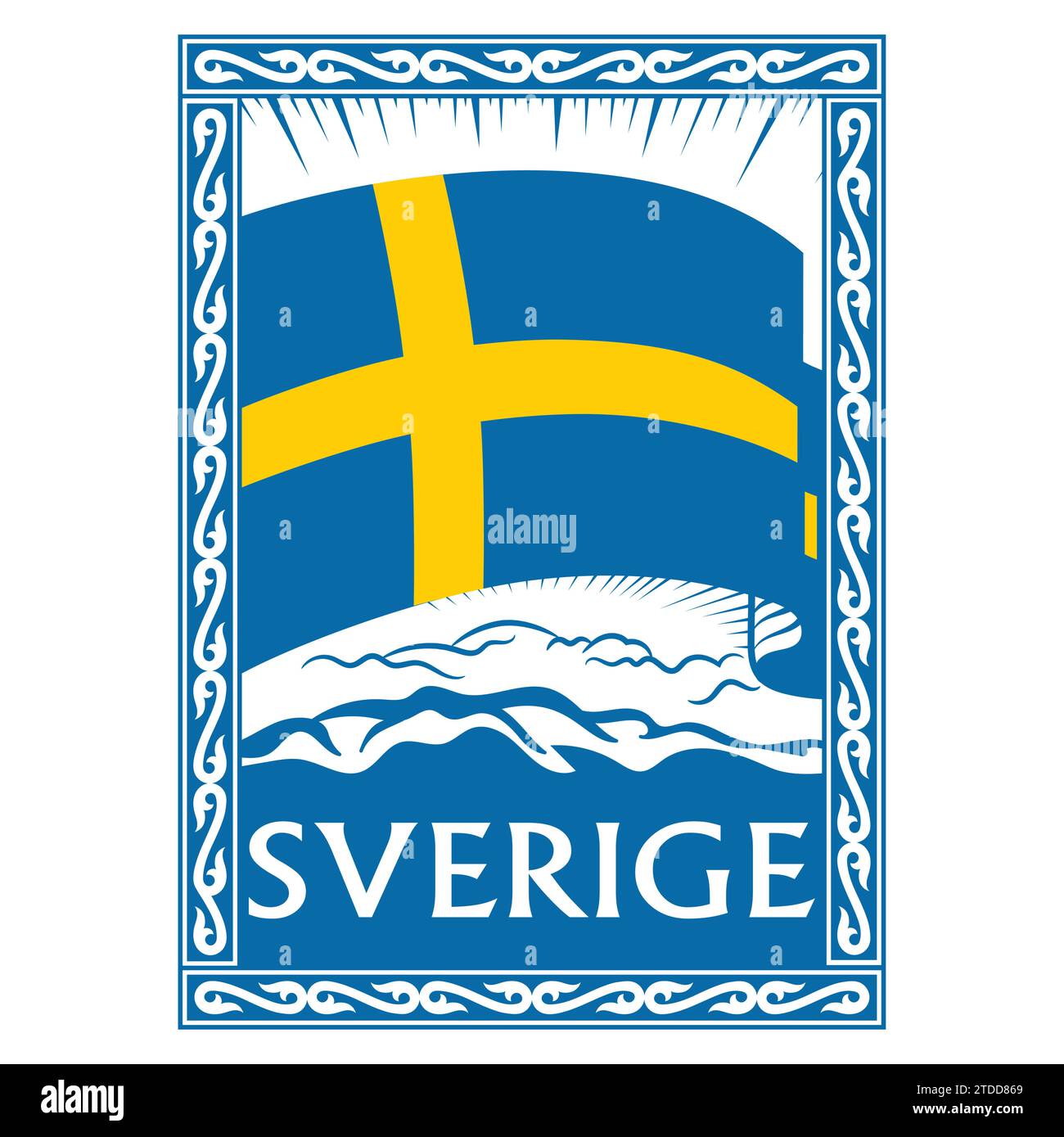 Diseño de estilo vikingo. Bandera sueca vintage enmarcada en un patrón celta escandinavo antiguo y la inscripción Suecia Ilustración del Vector