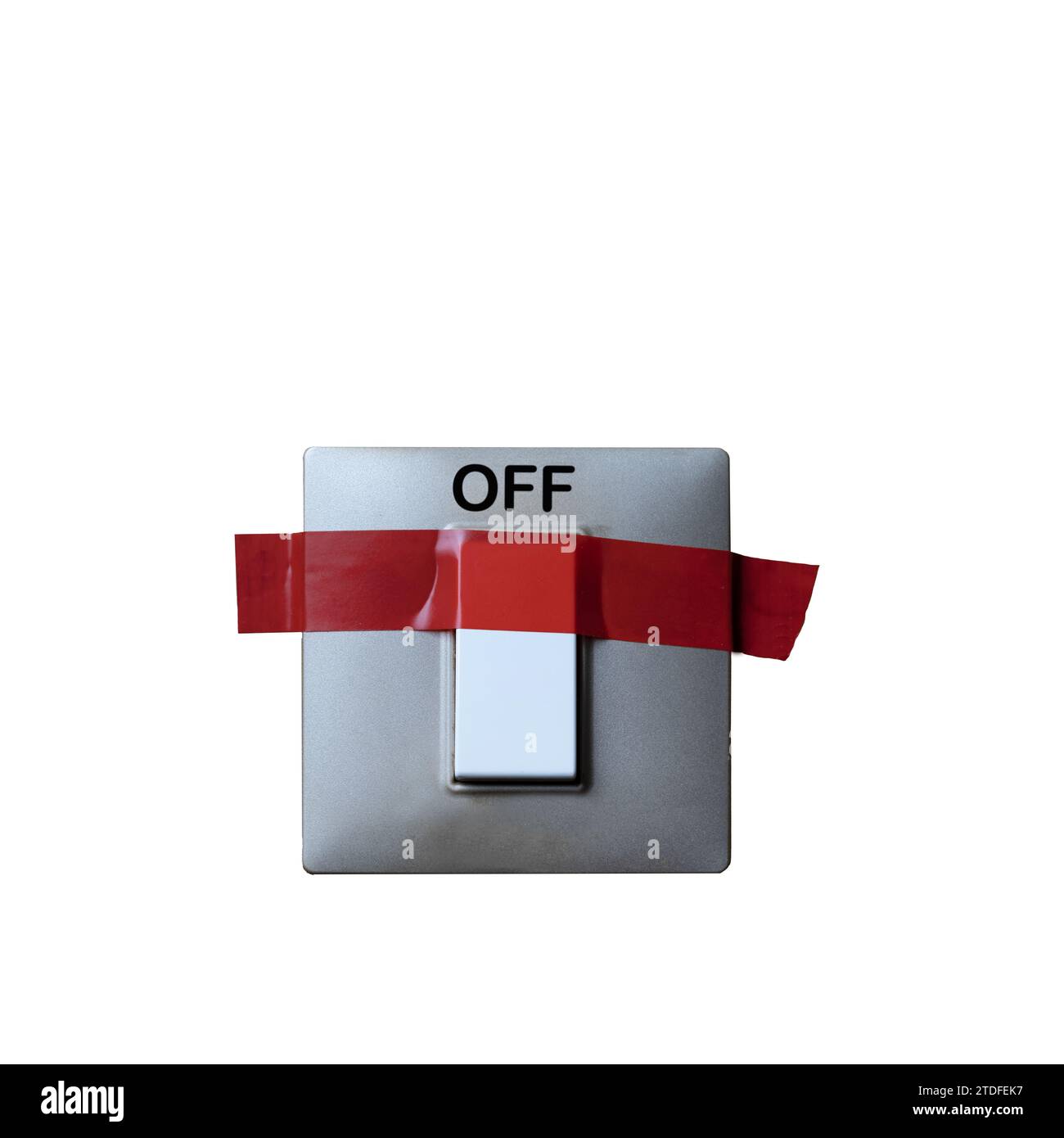 un interruptor atascado con cinta roja en la posición de apagado Foto de stock