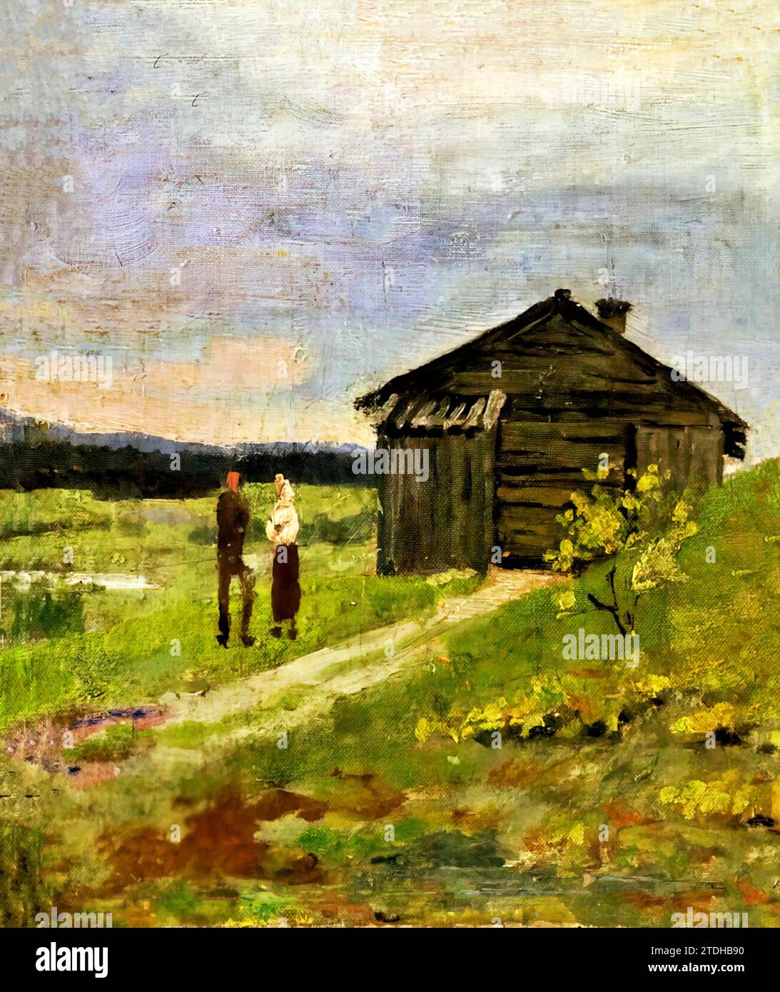 Paisaje con una casa pequeña y dos personas, 1881 (Pintura) por el artista Munch, Edvard (1863-1944) / noruego. Ilustración del Vector