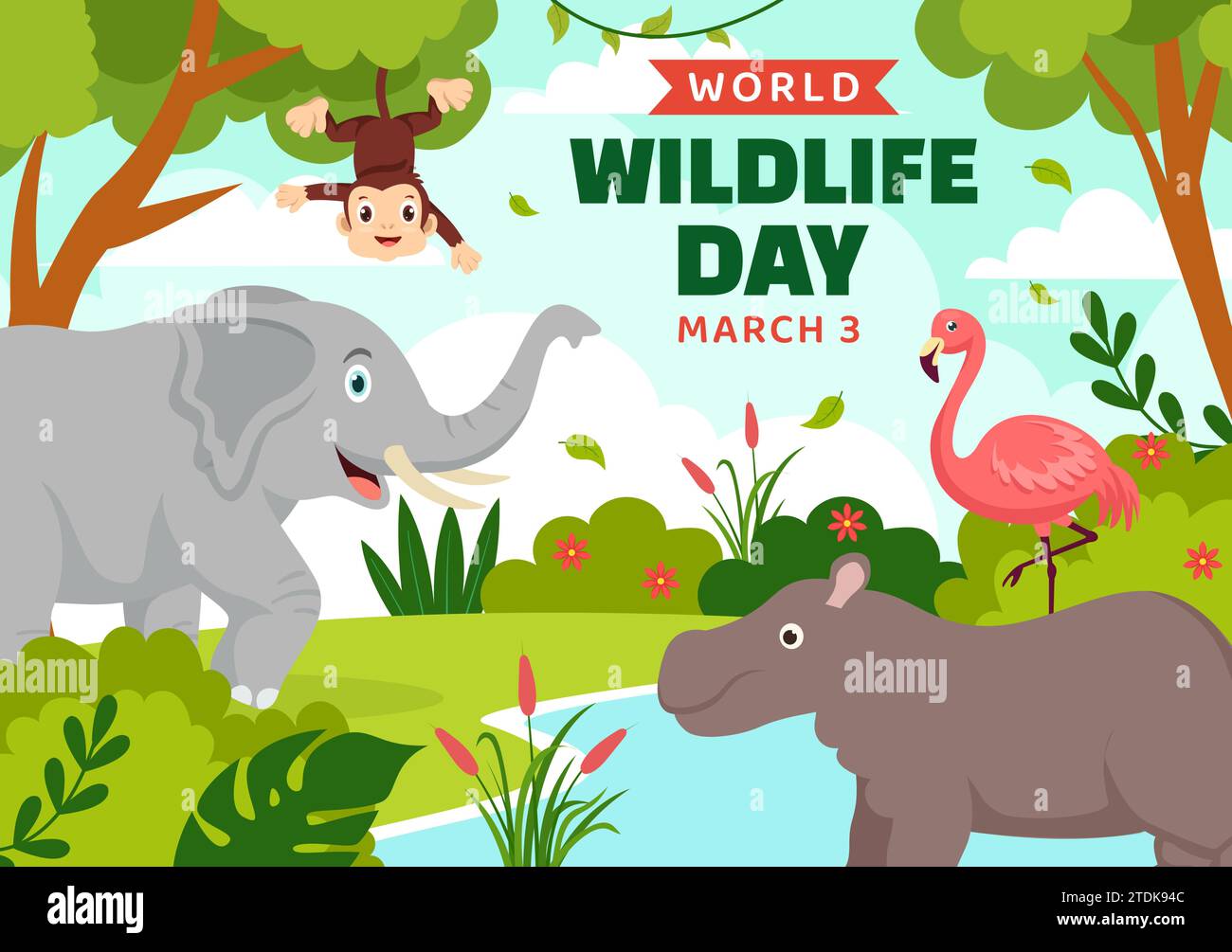 Ilustración vectorial del Día Mundial de la Vida Silvestre el 3 de marzo con varios animales a proteger a los animales y preservar su hábitat en el bosque en fondo plano Ilustración del Vector