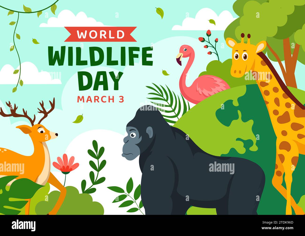 Ilustración vectorial del Día Mundial de la Vida Silvestre el 3 de marzo con varios animales a proteger a los animales y preservar su hábitat en el bosque en fondo plano Ilustración del Vector