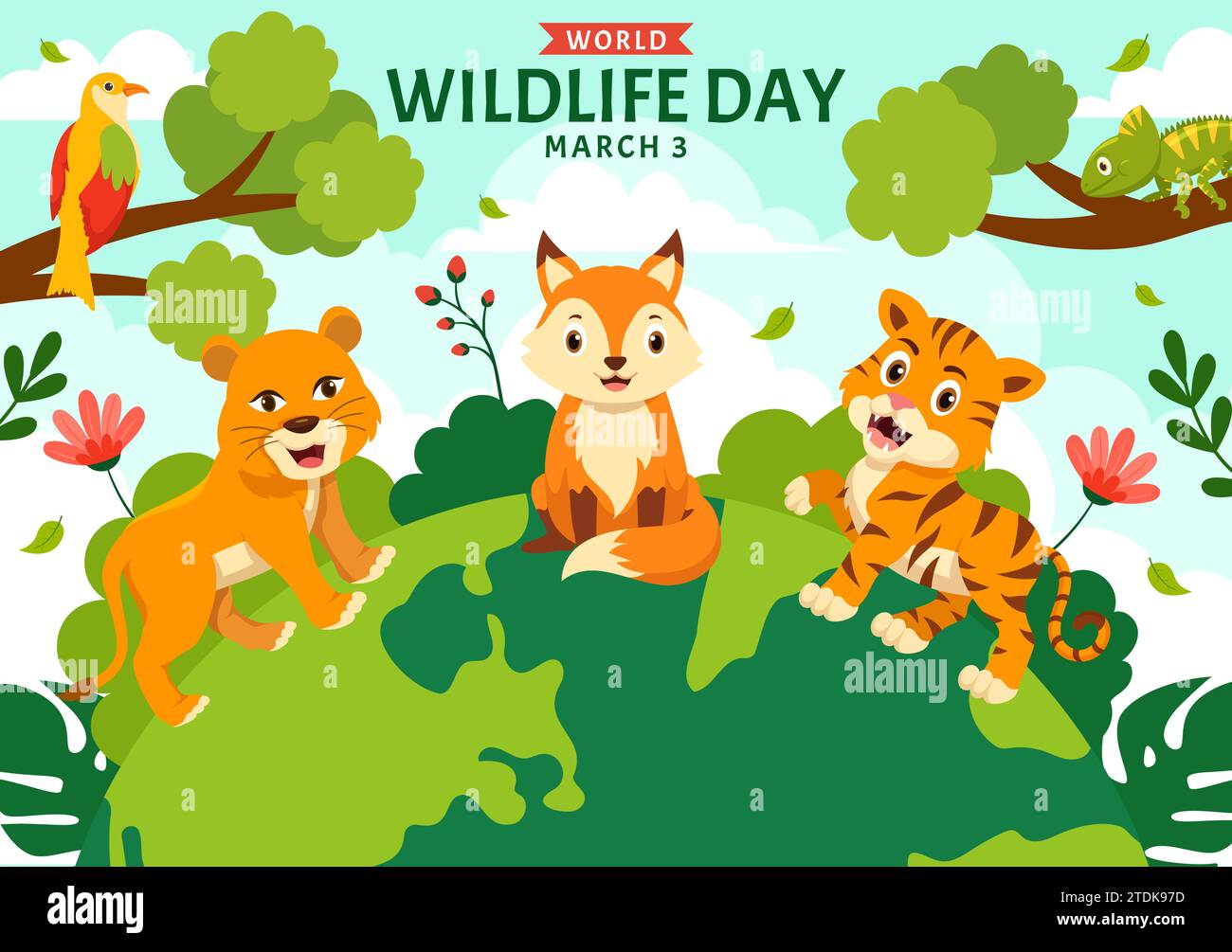 Ilustración vectorial del Día Mundial de la Vida Silvestre el 3 de marzo con varios animales a proteger a los animales y preservar su hábitat en el bosque en fondo plano Ilustración del Vector