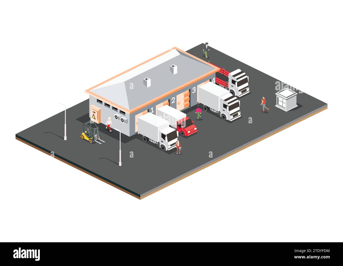 Centro Logístico de Distribución Isométrica. Instalaciones de almacenamiento de almacén con camiones aislados sobre fondo blanco. Ilustración vectorial. Ilustración del Vector