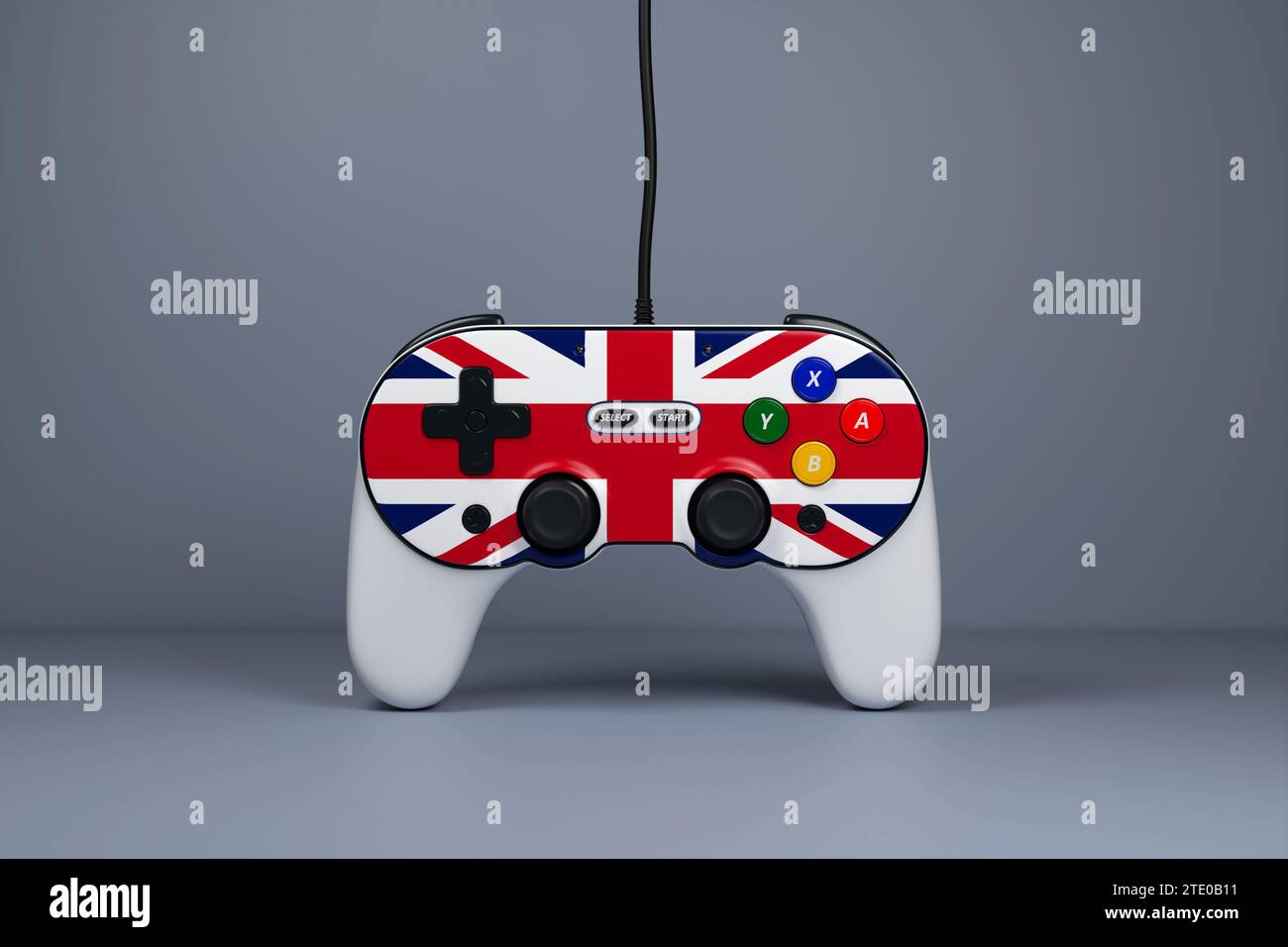 Ilustración 3D, joystick gamepad, consola de juegos o controlador de juegos con los colores de la bandera nacional de Gran Bretaña. Juegos de ordenador. Dibujos animados mini Foto de stock