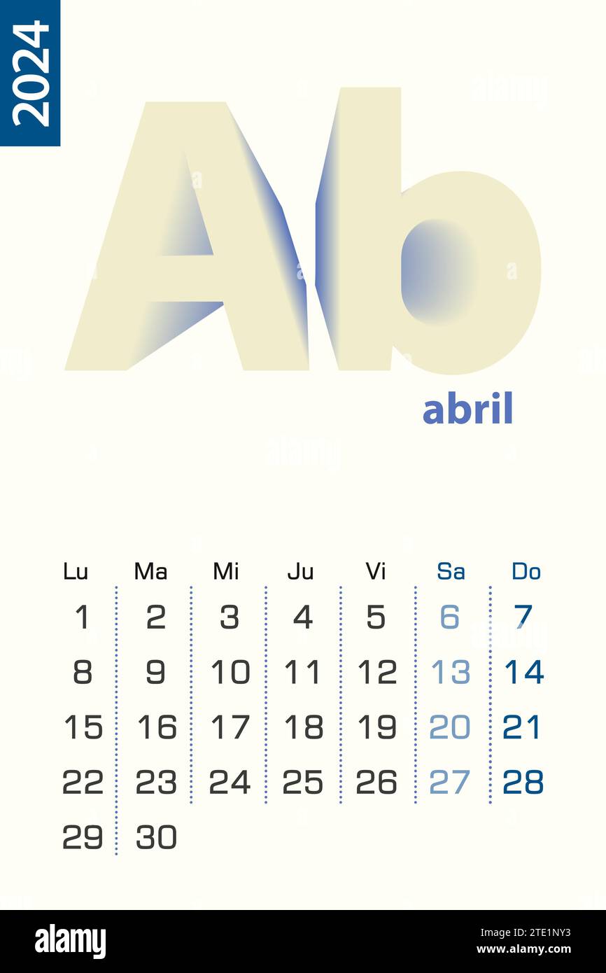 Plantilla de calendario minimalista para abril de 2024, calendario