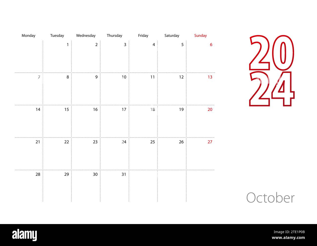 Calendario para octubre 2024 en diseño moderno, plantilla de