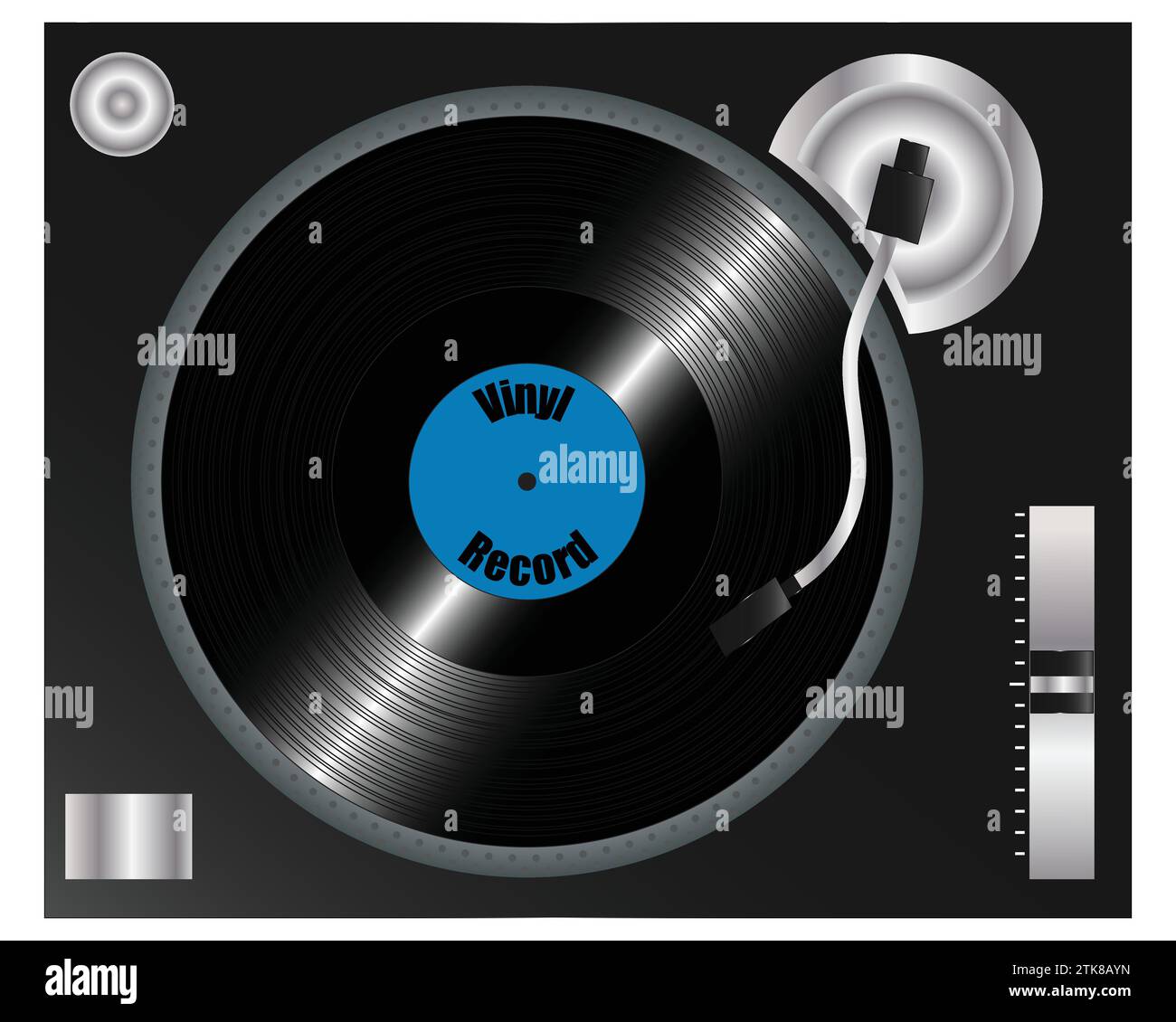 Realista Retro DJ Turntable con una grabación de vinilo de 12" en el plato, Vista superior aislada en blanco, concepto para entretenimiento musical Ilustración del Vector