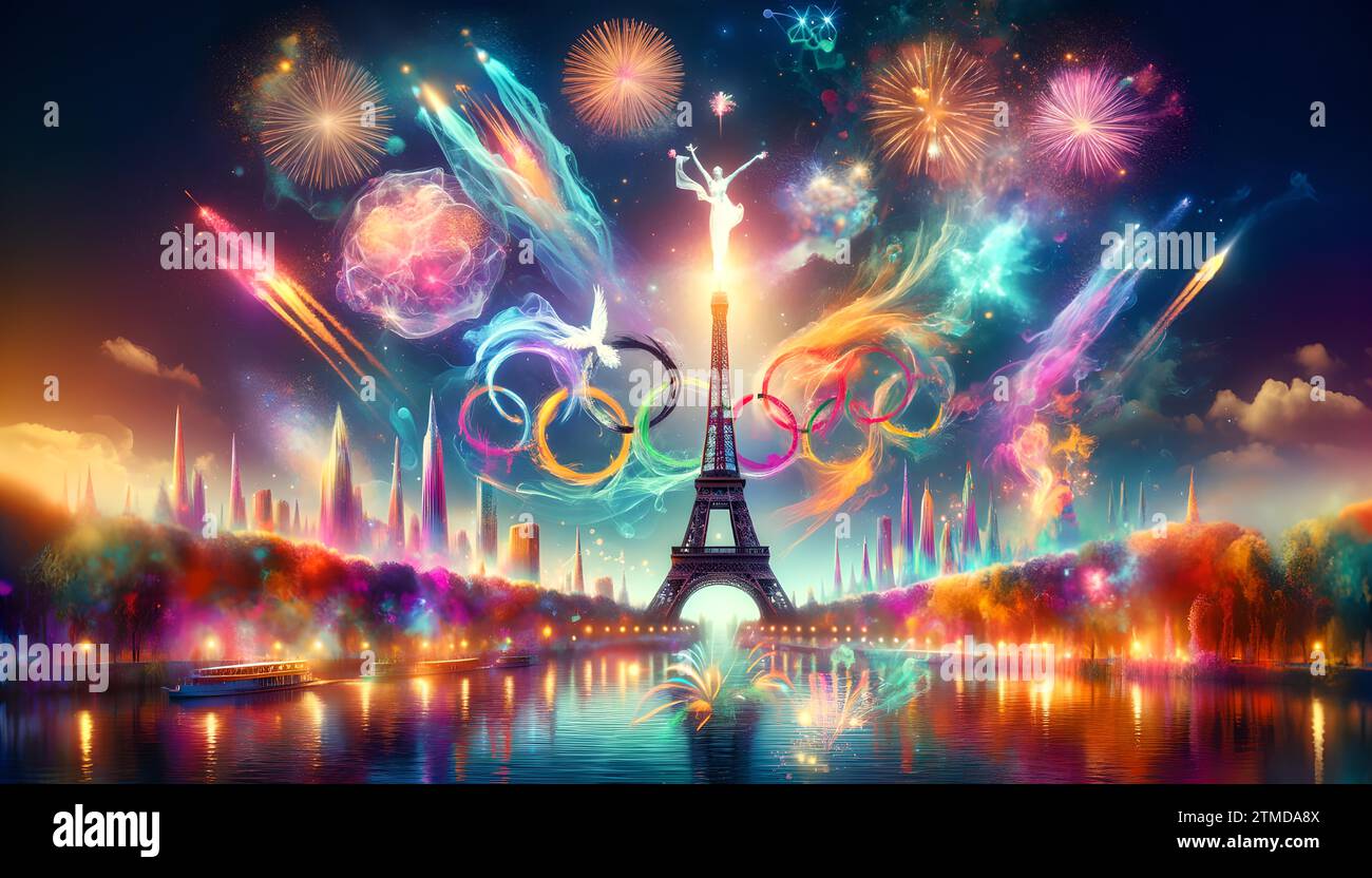 Celebración de los Juegos Olímpicos de 2024 en París con vívidos fuegos