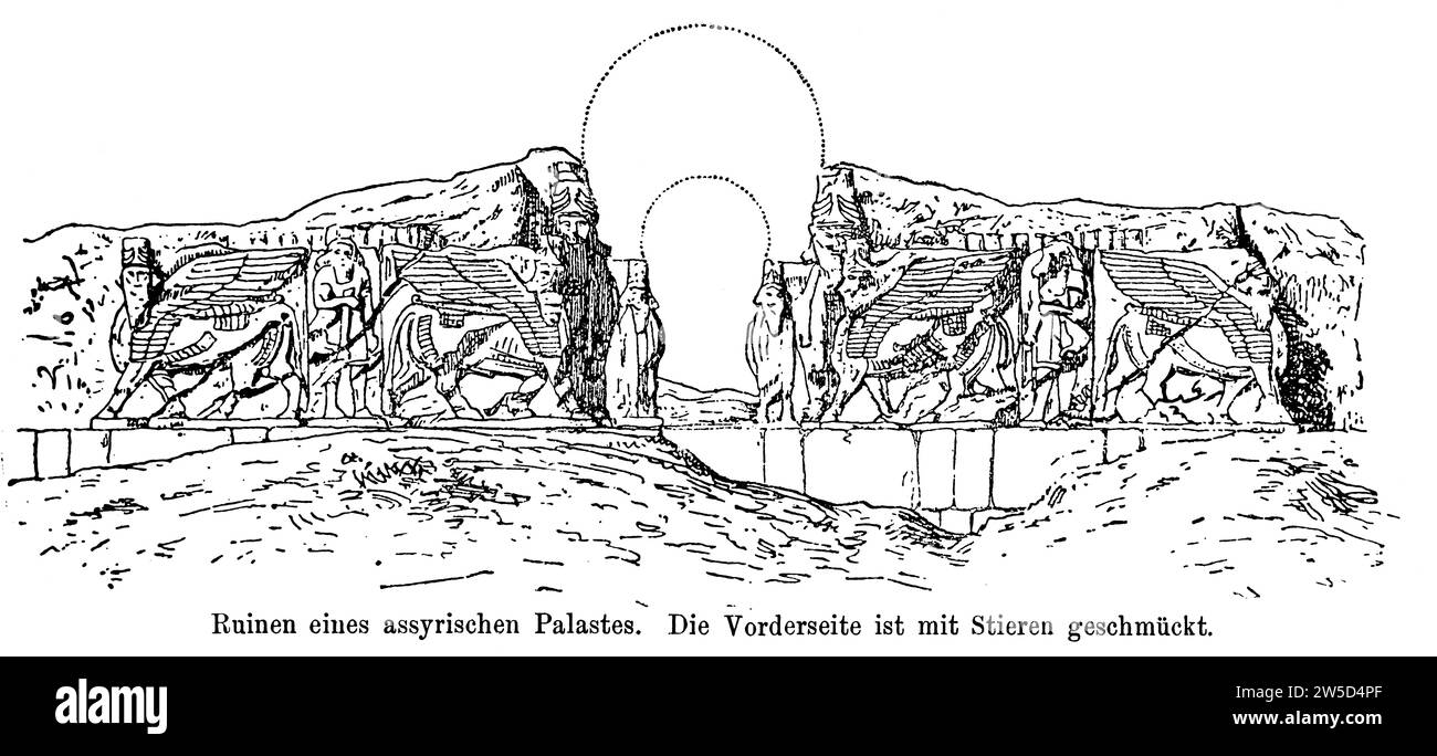 Ruina de un palacio asirio, frente decorado con toros, Kirubi, animal con cabezas humanas, gente de pie, fragmentos, incompleto, antigüedad Foto de stock