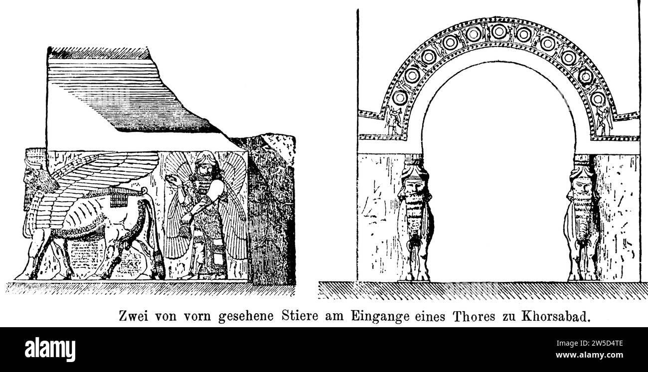 Dos toros a la entrada de una puerta a Jorsabad, Asiria, palacio, desde el frente, arco, gente, ornamentación, antigüedad, ilustración histórica Foto de stock