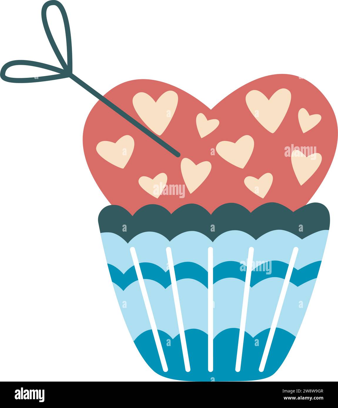 Dulce pastel con crema clip art. Cupcake dibujado a mano en forma de corazón. Delicioso pastel romántico con corazones y confeti, ilustración vectorial aislada Ilustración del Vector
