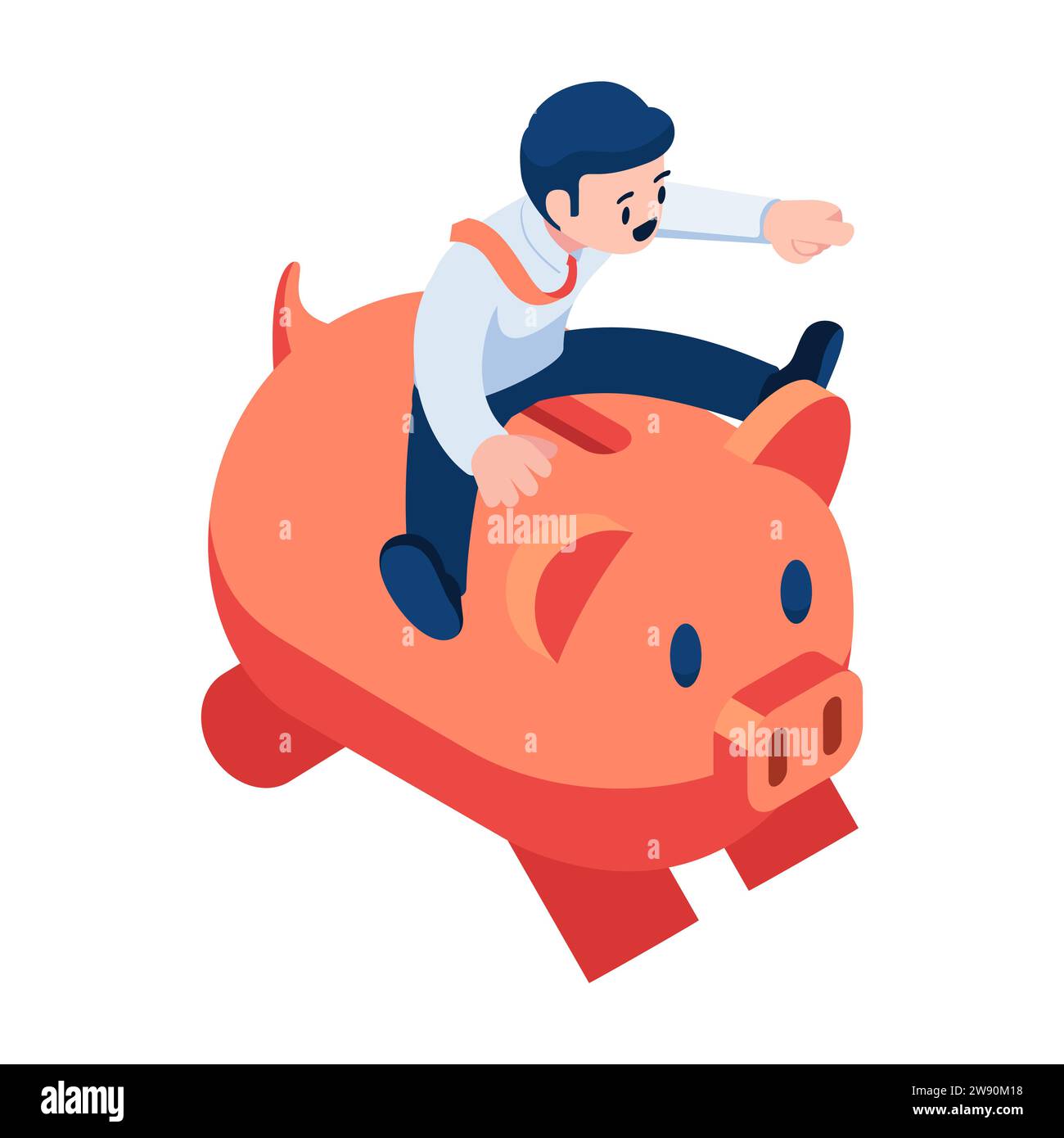 Hombre de negocios isométrico plano 3d montando PiggyBank y avanzando. Concepto de Gestión Financiera y Planificación de Inversiones. Ilustración del Vector