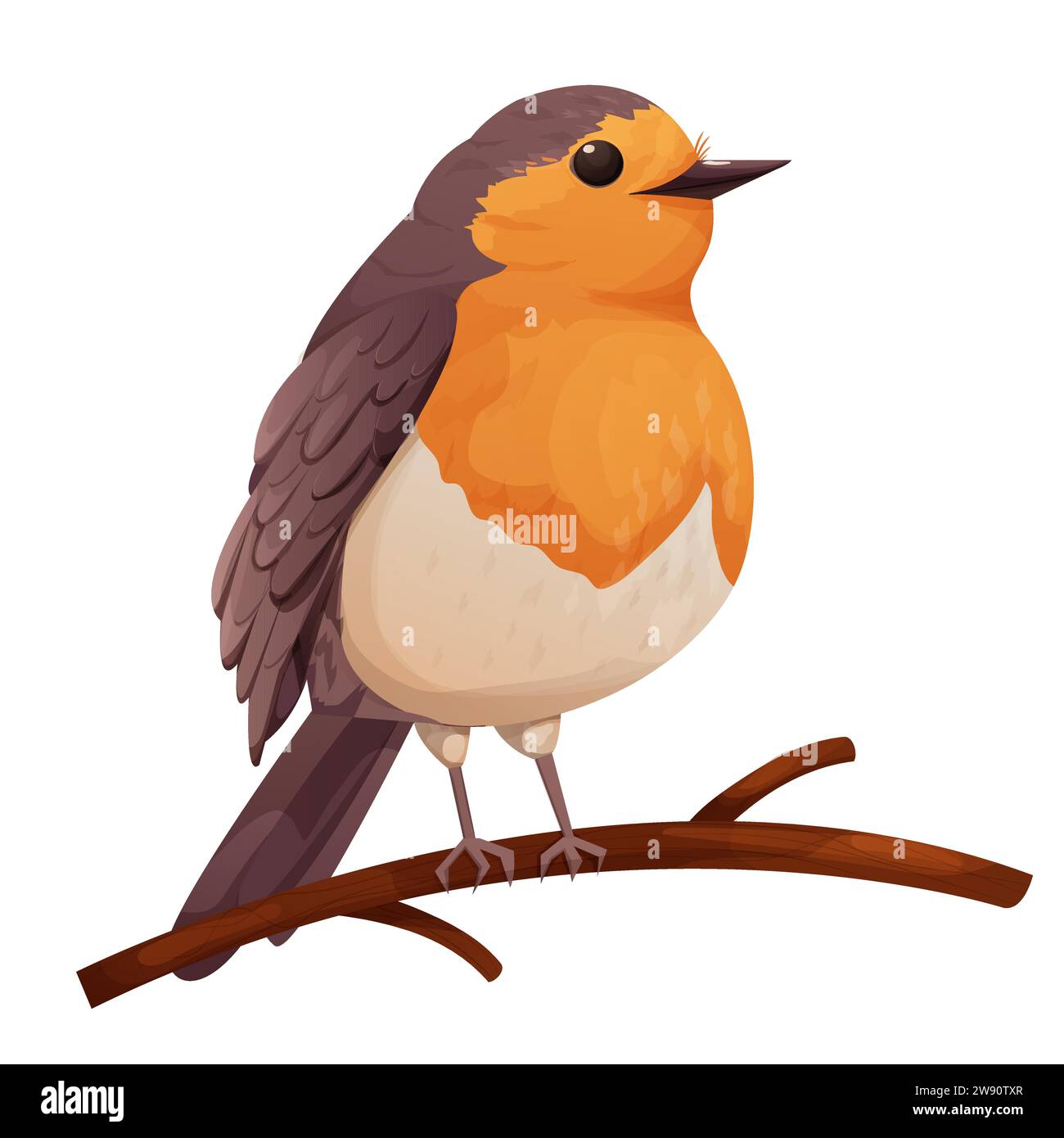 Pájaro Robin lindo personaje de pájaro pequeño en rama en estilo de dibujos animados aislado en fondo blanco. . Ilustración vectorial Ilustración del Vector