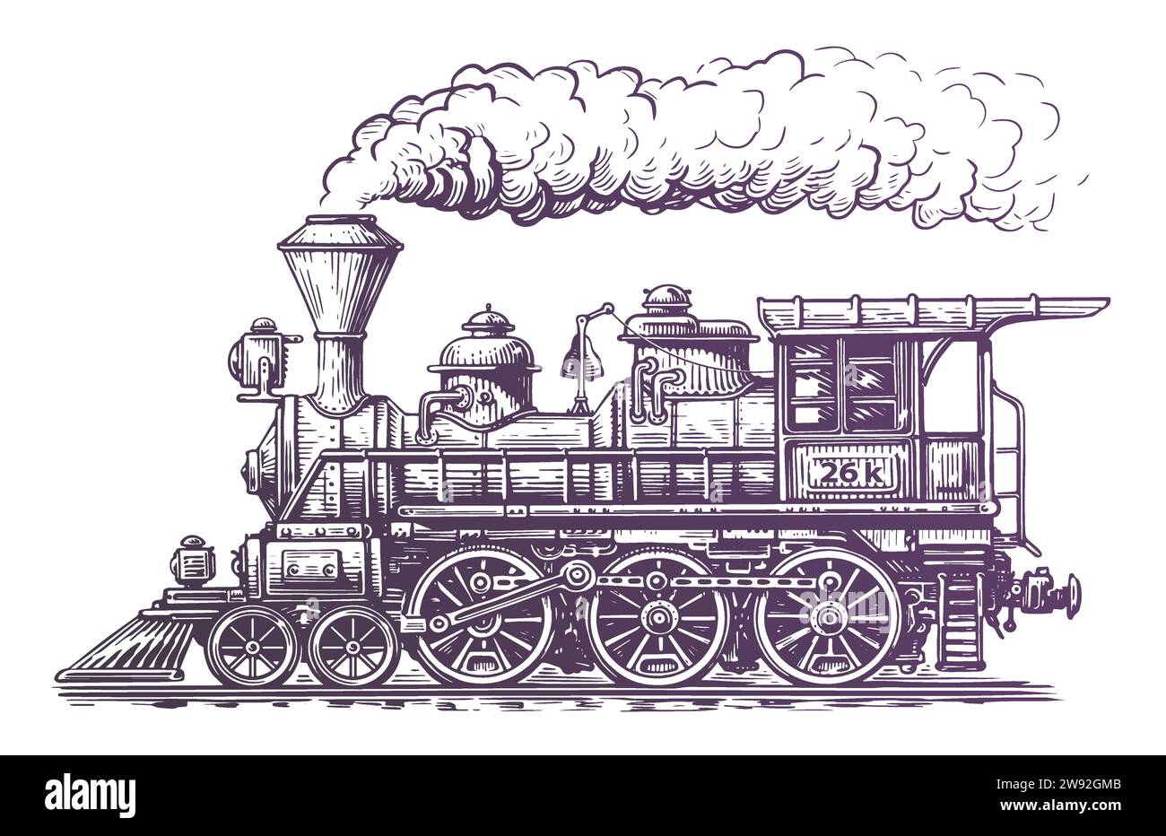 Locomotora de tren de vapor vintage, ilustración vectorial de estilo de grabado. Dibujado a mano sketch retro transporte Ilustración del Vector