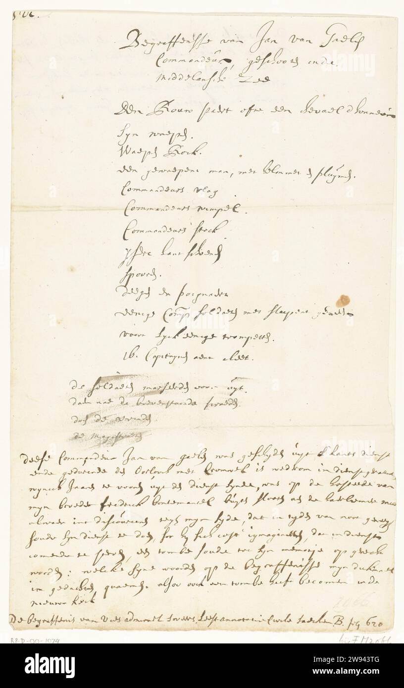 Descripción del funeral del comandante Johan van Galen en el documento Nieuwe Kerk, 1653, 1653. Manuscrito Descripción del funeral del comandante Johan van Galen, fallecido el 23 de marzo de 1653 por las heridas en la batalla marítima en Livorno durante la primera guerra inglesa el 14 de marzo de 1653. El 11 de diciembre de 1653 fue enterrado en el Nieuwe Kerk de Ámsterdam. Hoja descrita en ambos lados. Amsterdam escritura de papel (procesos) nueva iglesia Foto de stock