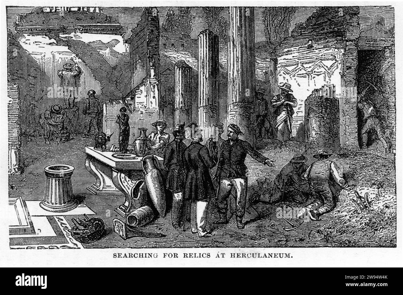 Grabado de visitantes en busca de reliquias en Herculano, del Mundo Subterráneo, hacia 1878 Foto de stock
