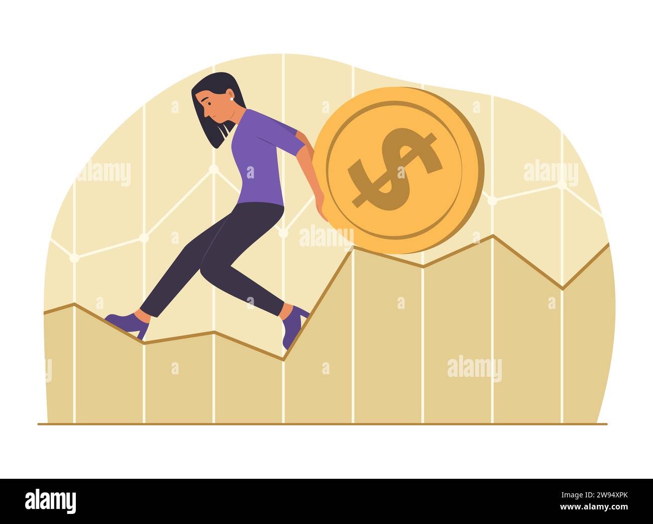 Empresaria Empuje una moneda grande de moneda de dólar en gráfico para ilustración de concepto financiero Ilustración del Vector